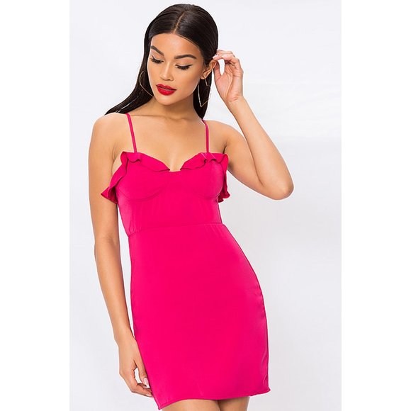 NWT About Us Irene Ruffle Dress Berry Pink Ruffle Trim Sweetheart Neckline Large - Picture 1 of 7